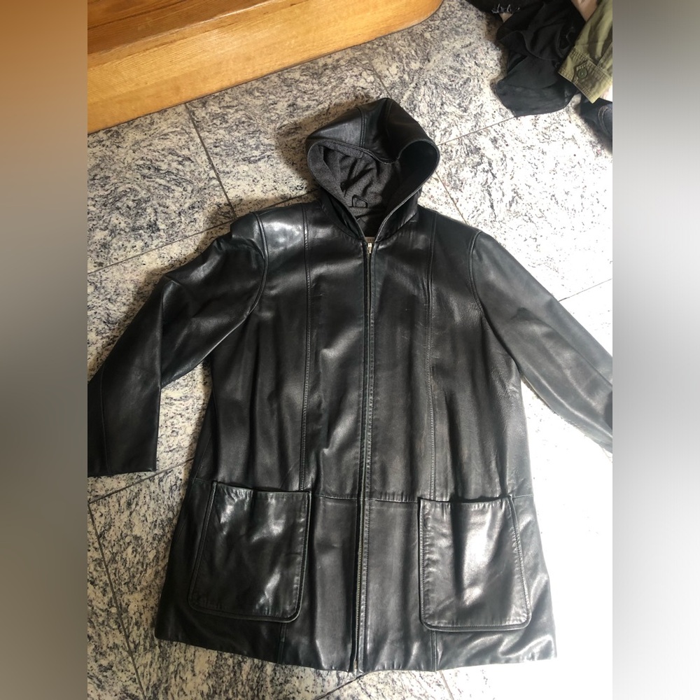 Valerie Stevens zip leather jacket with hood